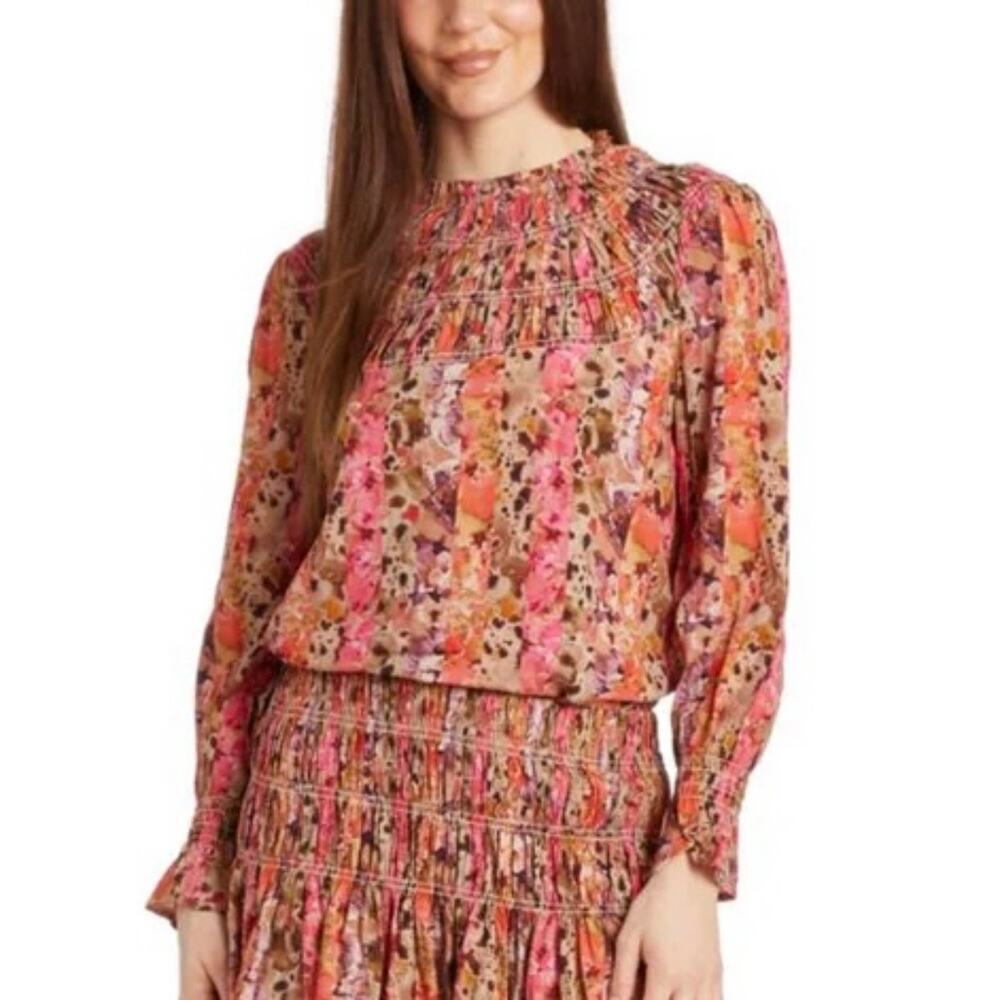 Taylor Tillman Jane Top Watercolor Pink Red Long Sleeve Smocked Blouse XS Medium